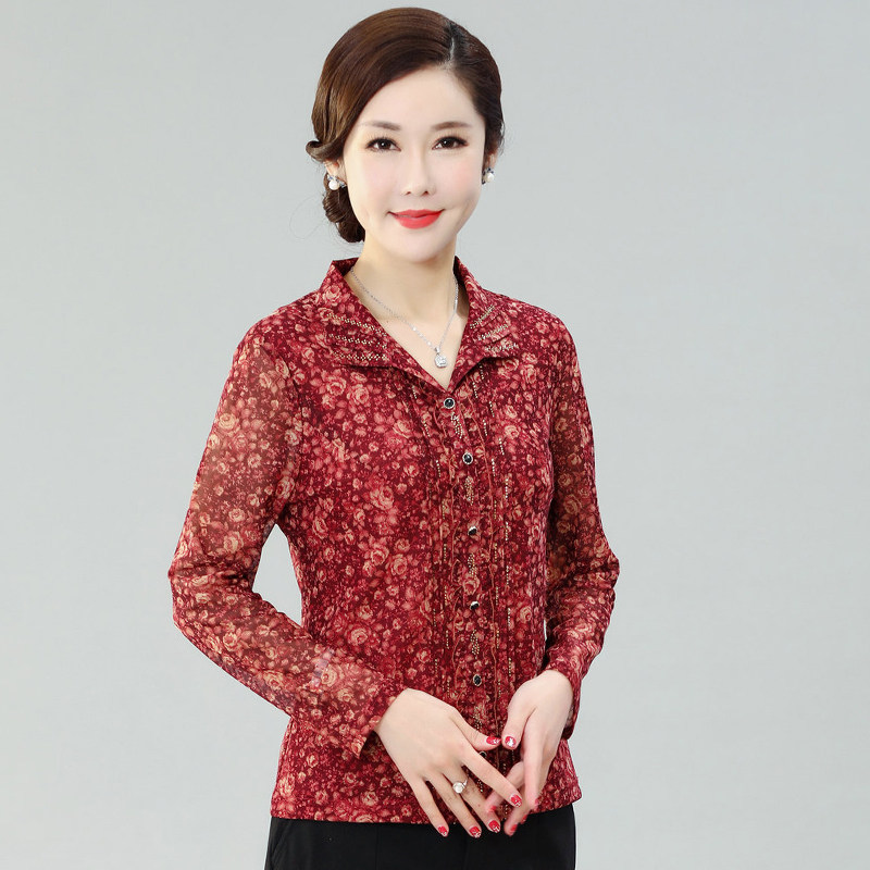 竹语声新款弹力纱网纱女装台湾纱春秋长袖小衫50岁妈妈衬衫潮