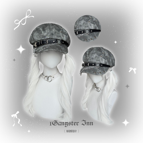 1Gaster Inn朋克辣妹皮质贝雷帽子女亚文化轻亚显脸小报童八角帽