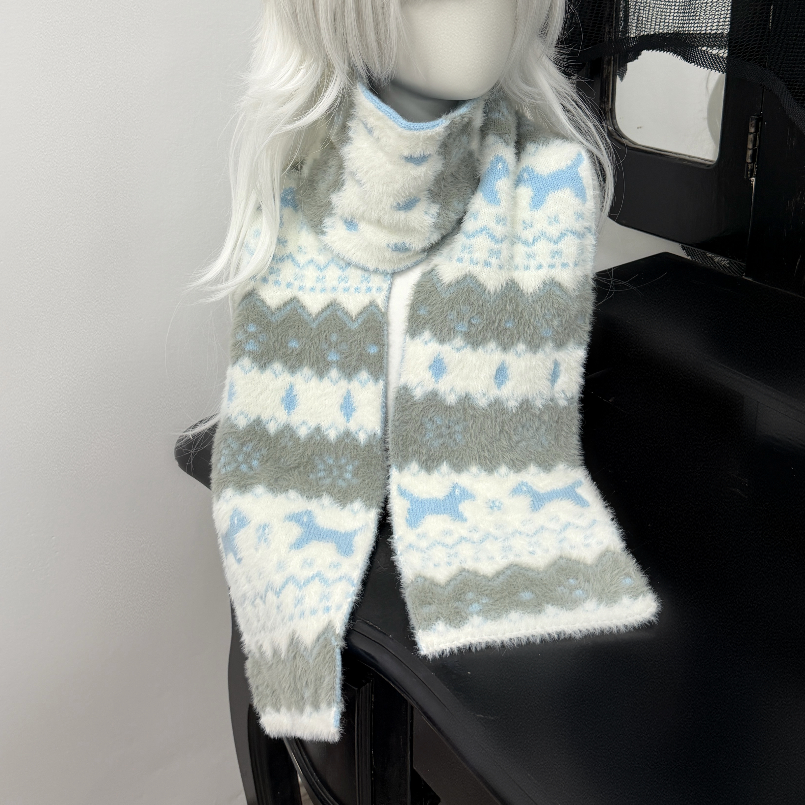 1Gangster Inn可爱猫咪双面针织围巾女秋冬保暖百搭围脖防风防寒