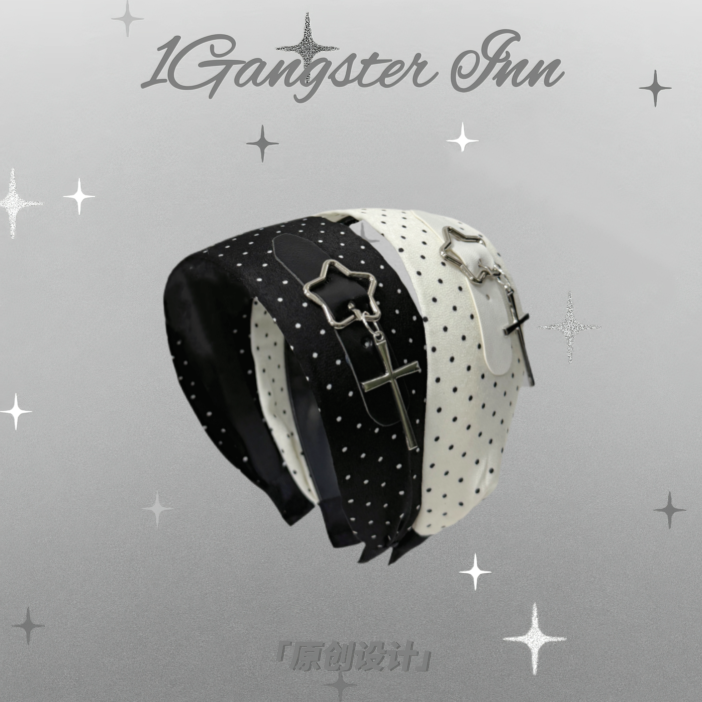 1Gangster Inn新款波点皮扣五角星发箍萌古早高颅顶头箍发卡发饰