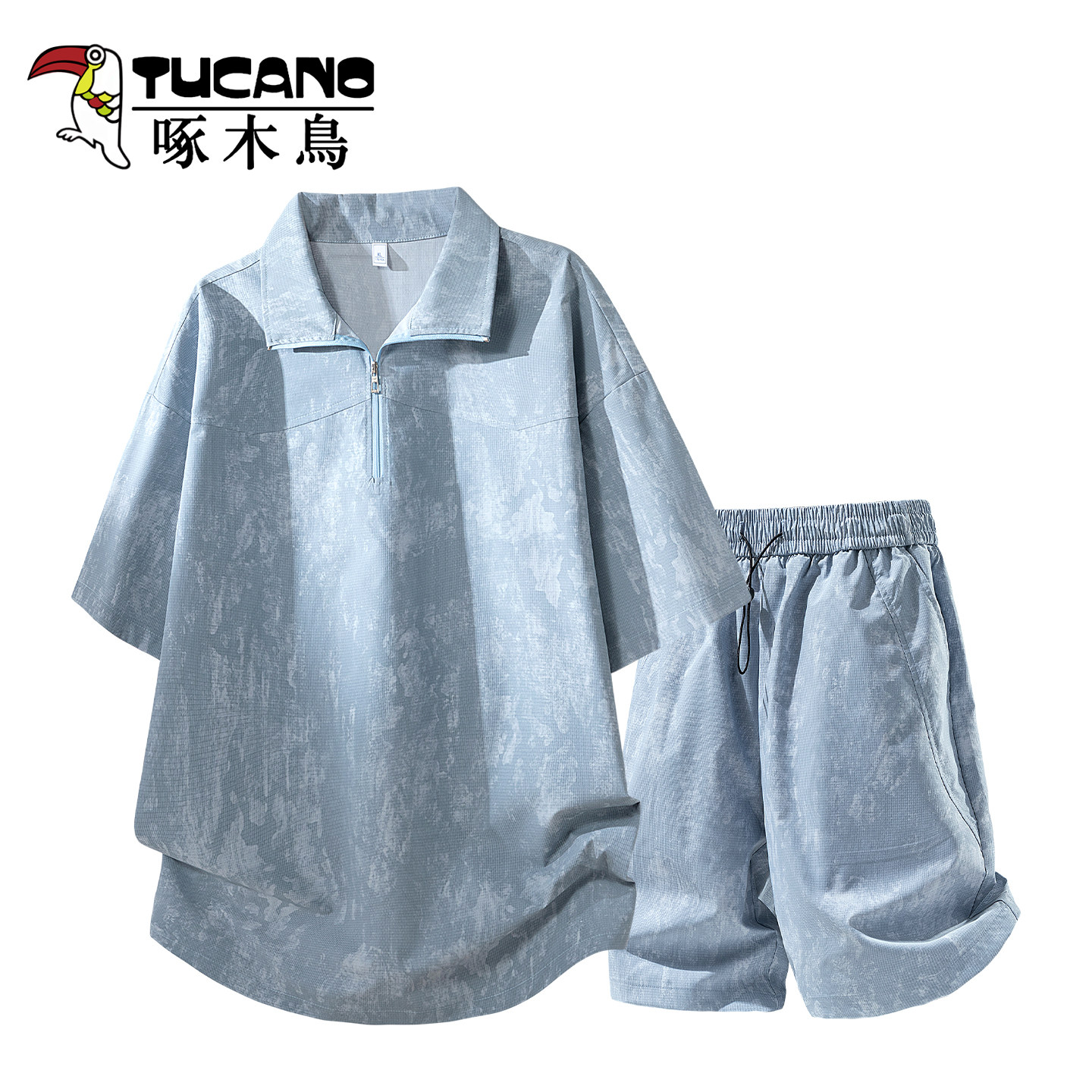 啄木鸟扎染夏季情侣一整套穿搭男半拉链工装短袖短裤运动休闲套装