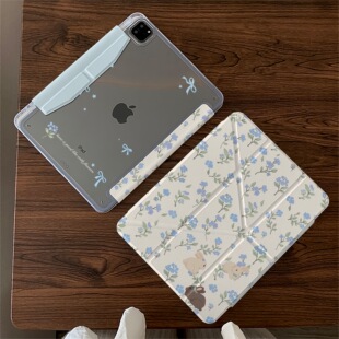 蓝碎花小兔适用苹果ipadair8新款11款A19代air11M4pro13保护air678保护壳套11寸ipadcase硬壳防弯10.9英寸