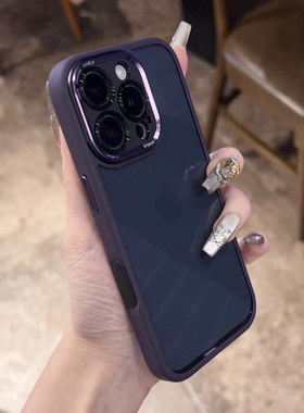 闪点：暗紫色硅胶边金属镜框适用iPhone16promax新款高透苹果15独特超好看14不撞款13亚克力硬背板12大开孔pm