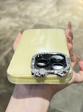 2025新款网红爆款奶黄色镶钻KT猫镜头适用于iPhone16ProMax手机壳苹果15p超好看14Pro防摔套13网红夏日多巴胺