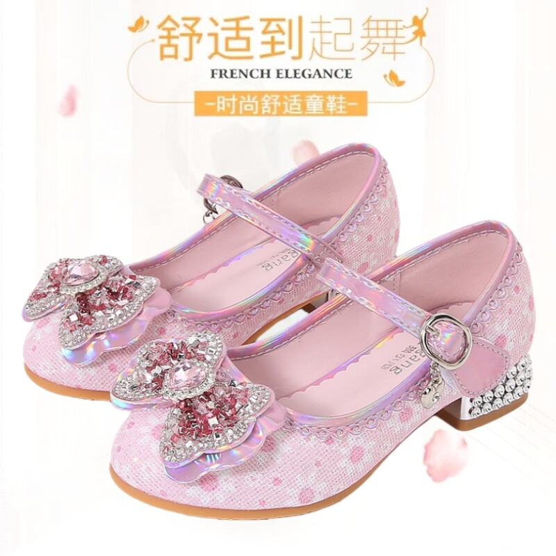 猫尔港女童高跟鞋春秋新款儿童礼服表演鞋中大童水晶鞋小女孩皮鞋