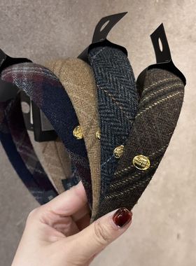 韩国nyunyu发饰复古气质金标格子发箍东大门学院风高颅顶头箍发卡