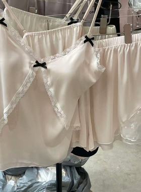 9.29韩国东大门victoria纯色净版醋酸蕾丝吊带短裤套装睡衣