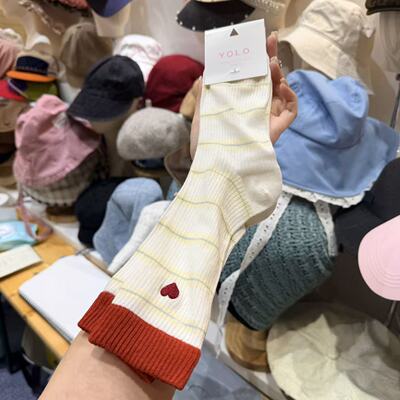 3.25东大门韩国YOLO春夏新款撞色条纹爱心薄款袜子
