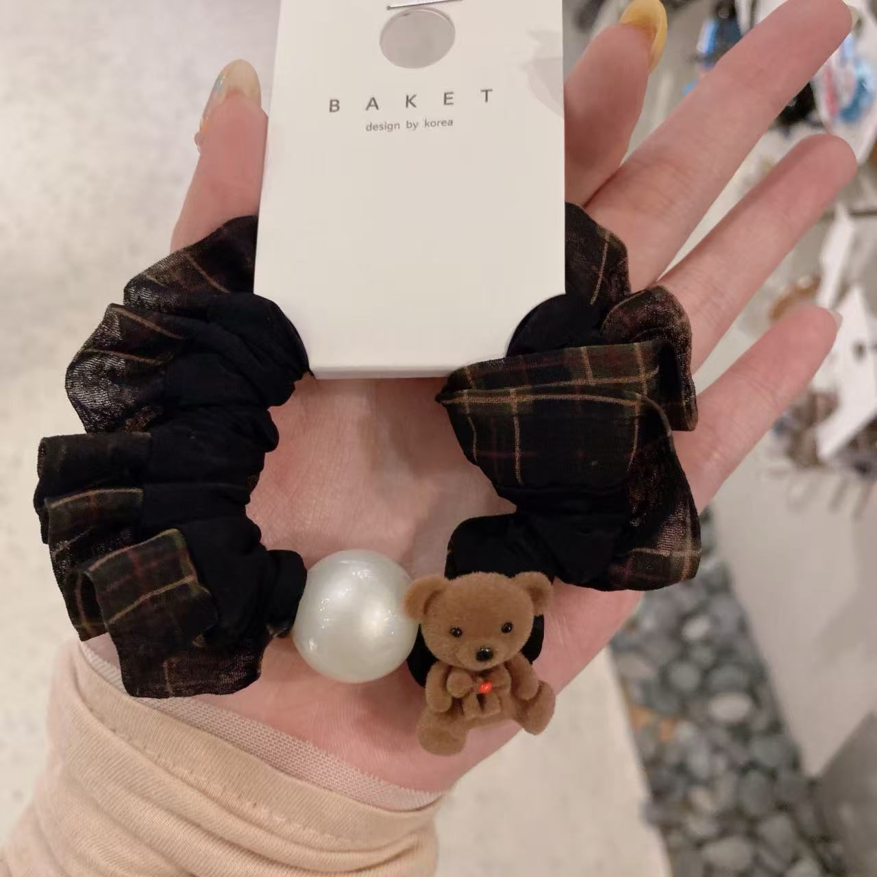 9.30韩国东大门baket发饰植绒小熊格子发圈发绳