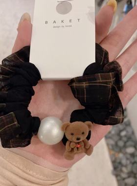 9.30韩国东大门baket发饰植绒小熊格子发圈发绳