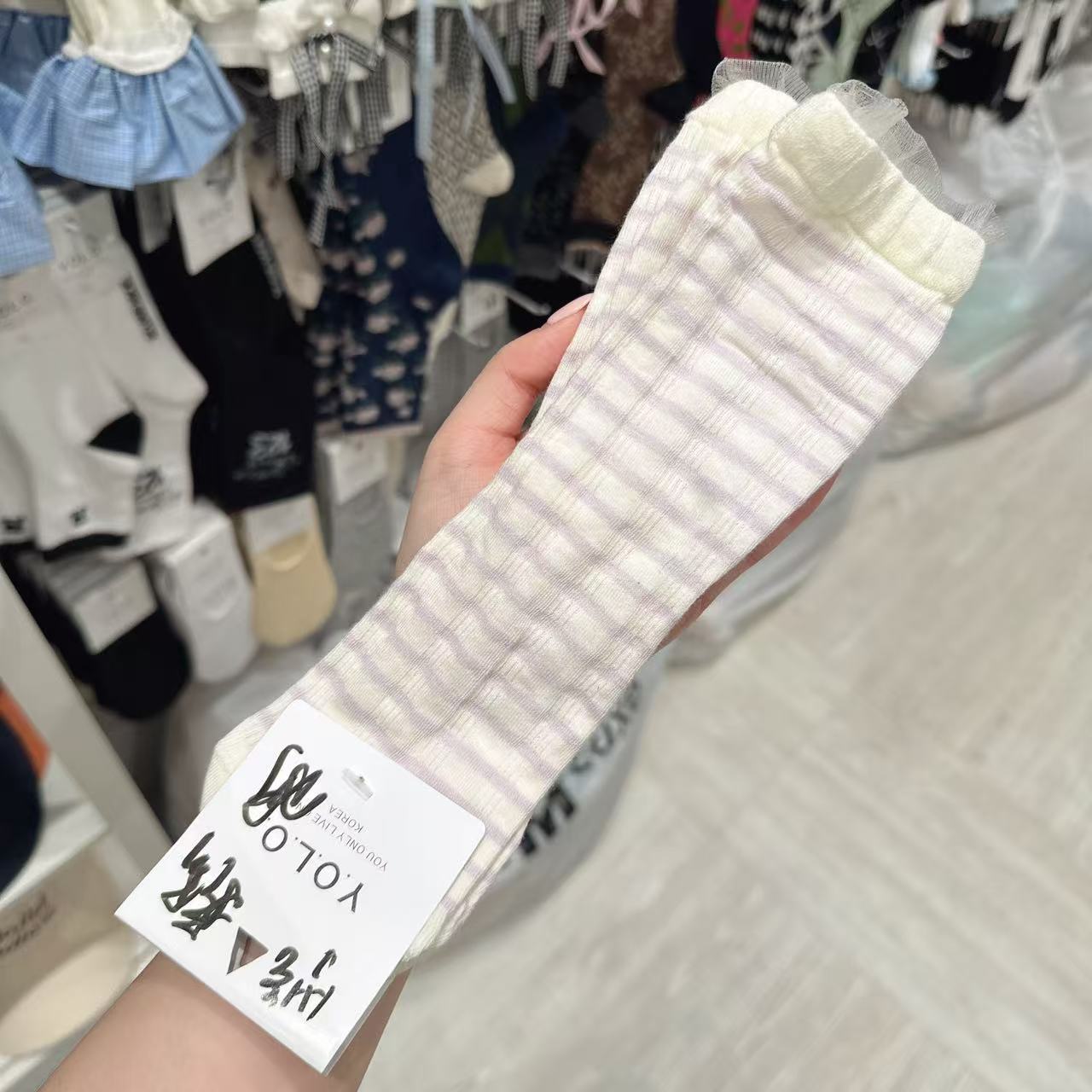 5.19东大门韩国YOLO二店清新条纹网纱花边袜子新款