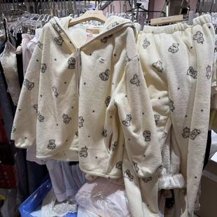 12.11韩国东大门victoria小熊印花连帽珊瑚绒家居服睡衣套装