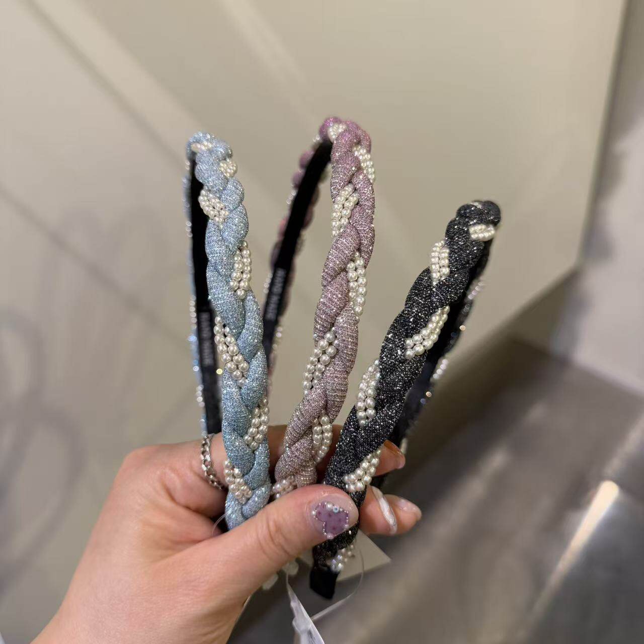 3.10韩国东大门baket发饰细闪布艺珍珠麻花编织细发箍