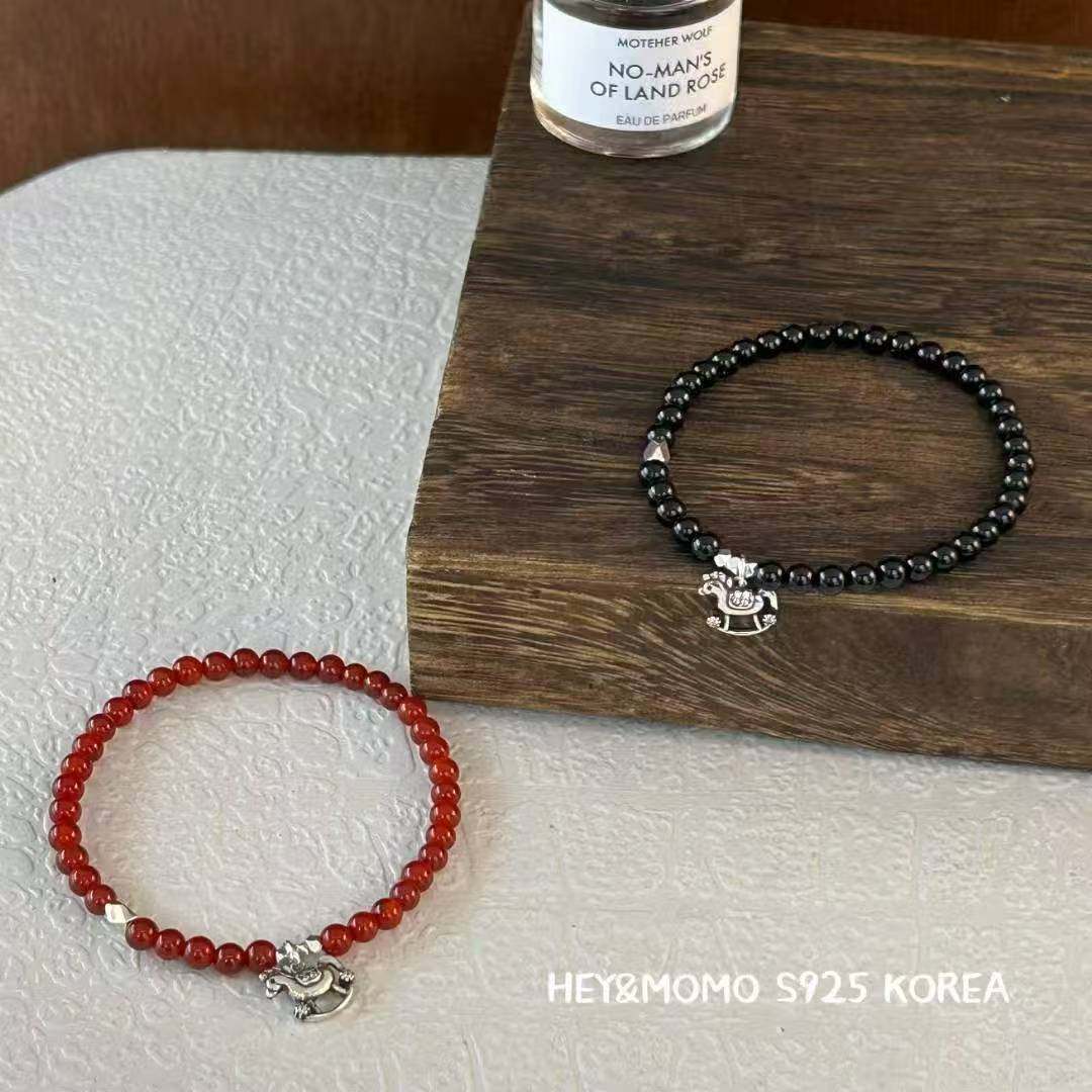 12.15直播韩国momo银饰小马黑曜石串珠手链925银