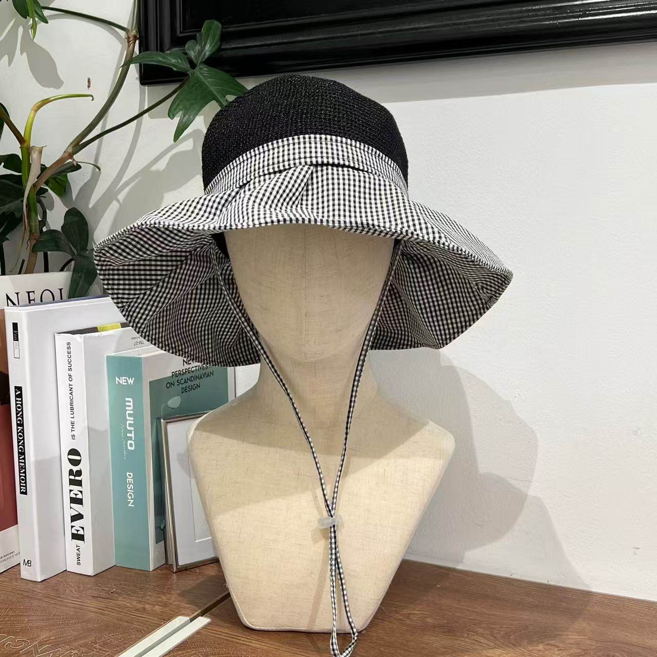 4.7东大门韩国YOLO二号店布艺格子拼接编织草帽