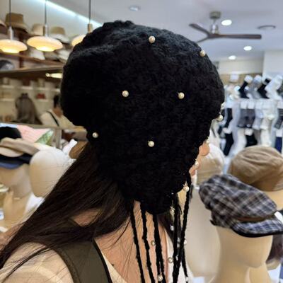 9.28东大门韩国YOLO珍珠流苏针织冷帽钩针毛线帽子