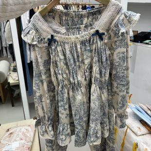 睡衣家居服 3.9韩国LUNALUZ复古印花方圆领蝴蝶结长袖