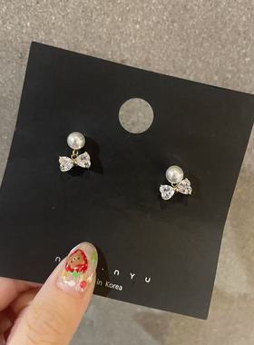 9.19韩国nyunyu饰品 水钻蝴蝶结简约爱心珍珠耳钉
