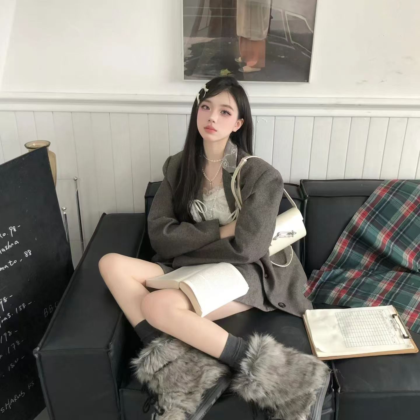 拼接复古蝴蝶结西装秋冬