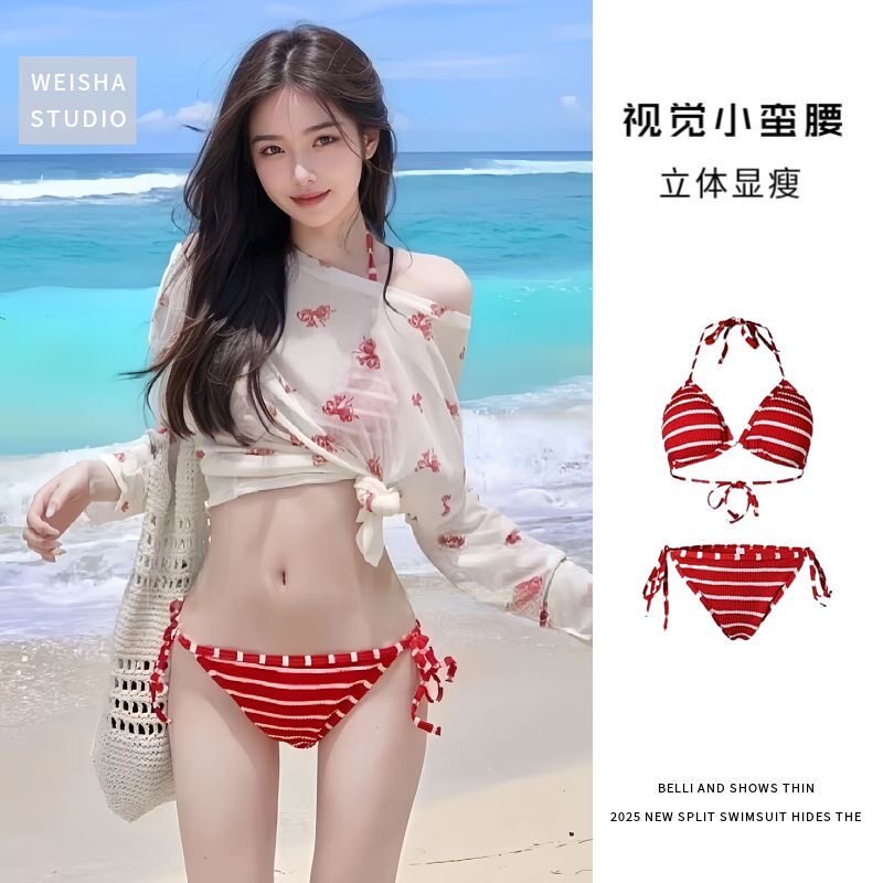红色条纹显白性感比基尼长袖