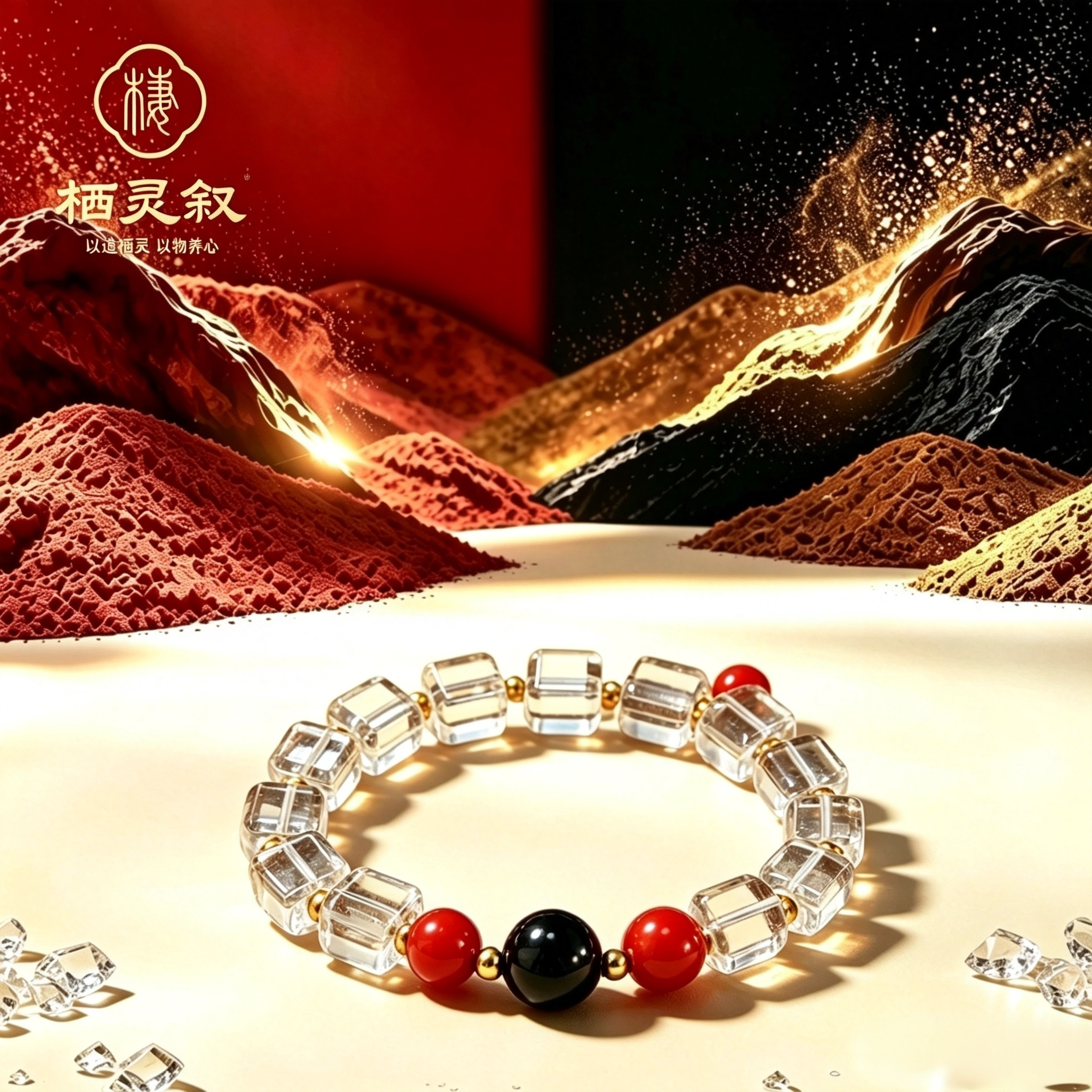 原创古风朱砂白水晶黑曜石手串