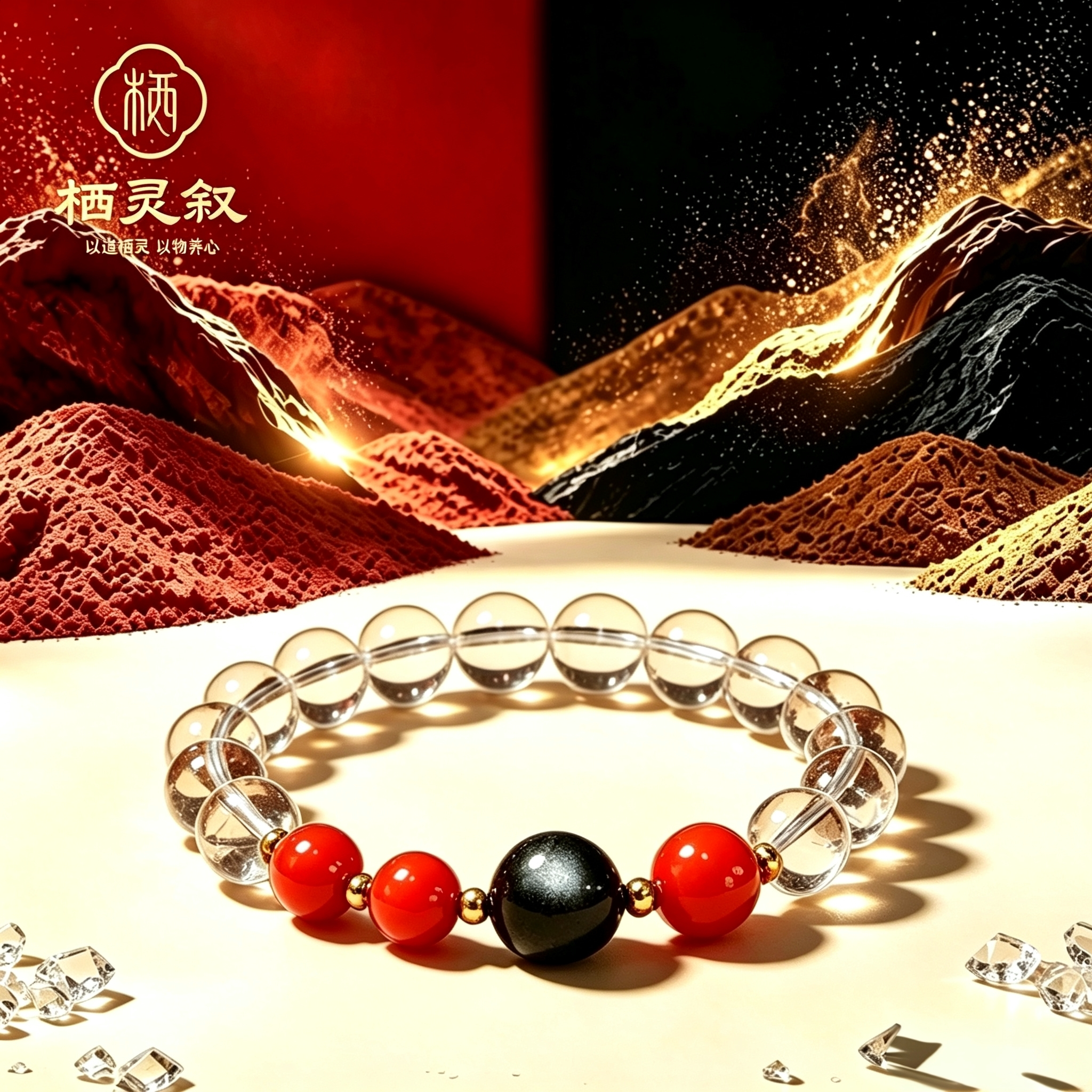 知序原创古风朱砂银曜石白水晶手