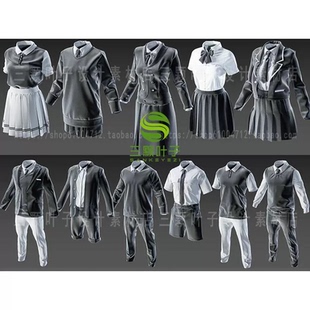 MD+Clo3d日韩风学生校服衬衫吊带裙褶裙西服套装3D模型ZPRJ素材
