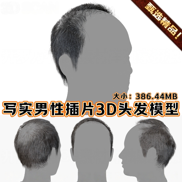 3DScan写实男性插片毛发秃头老年人物短发面片头发3D模型BlendFBX