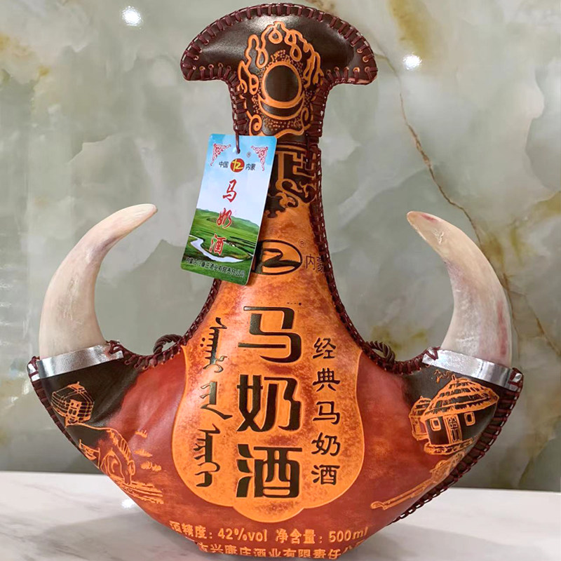 草原部落马奶酒42度500ml内蒙古特产皮壶真羊角蒸馏型奶酒