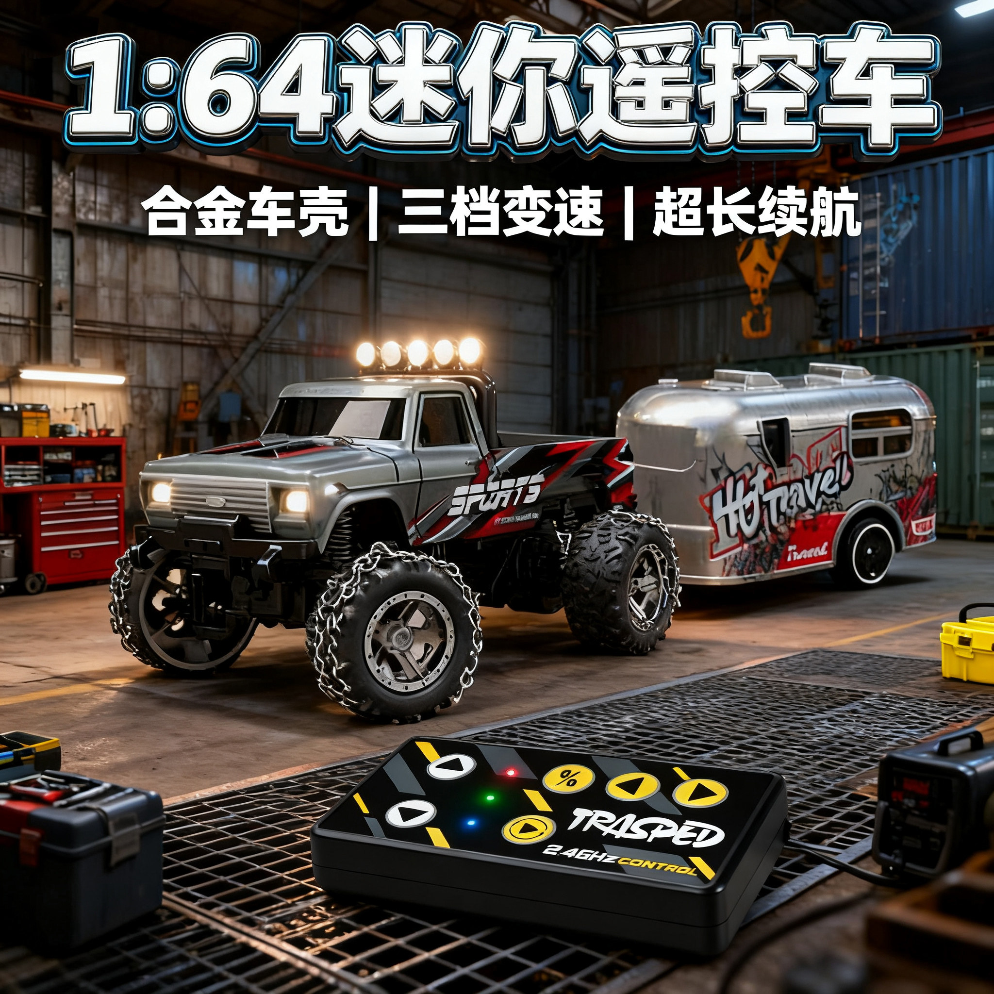 迷你遥控合金车1:64带前后车灯三档变速超长续航带避震越野玩具车