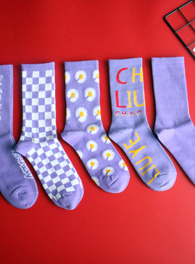 紫色袜子男女薄款长袜ins日系街头嘻哈外穿个性滑板中筒潮袜春夏