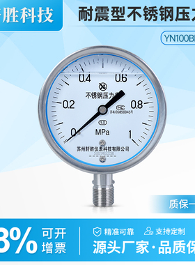 YN100BF 1MPa 耐震不锈钢压力表 1.0级 防腐蚀全不锈钢抗震压力表
