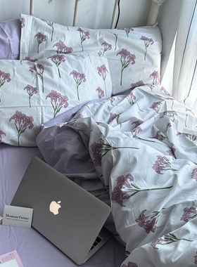 Moment Future复古简约紫色百合花丝光全棉床上用品四件套小清晰