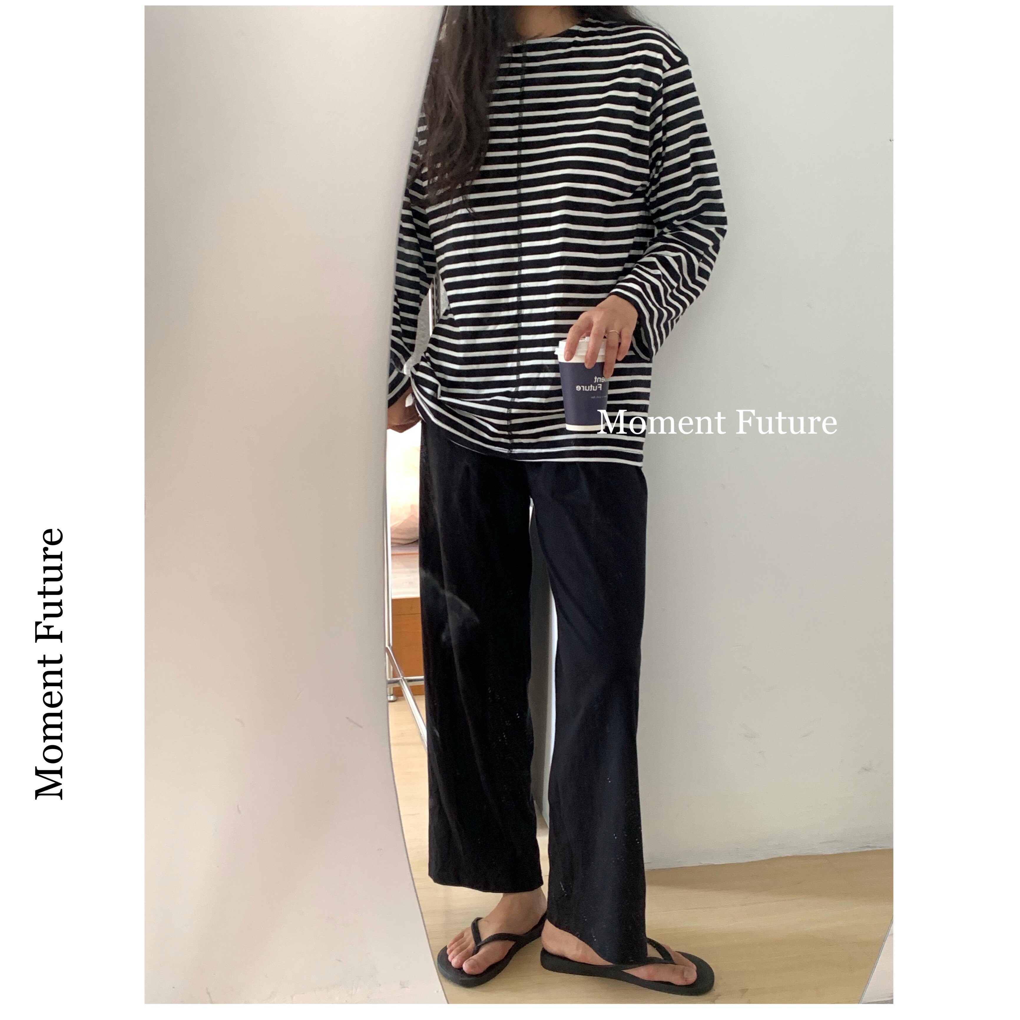 Moment Future日韩系黑白条纹全棉无印风男女同款睡衣家居服套装