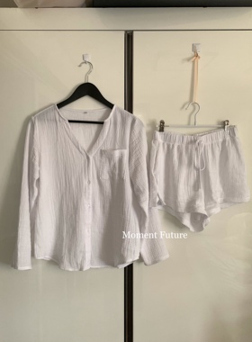 Moment Future春夏男女睡衣纯白色长袖短裤套餐家居服棉驺布亲肤