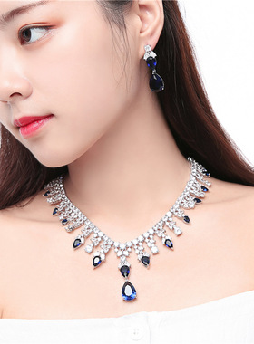 奢华晚宴礼服珠宝红色锆石项链套装结婚新娘婚礼耳环耳饰品女首饰