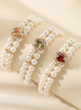 可调节锆石彩宝女橄榄绿复古手链