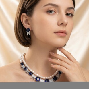 欧美新娘耳饰品项链耳环首饰宴会礼服套链珍珠锆石双层配饰耳钉女