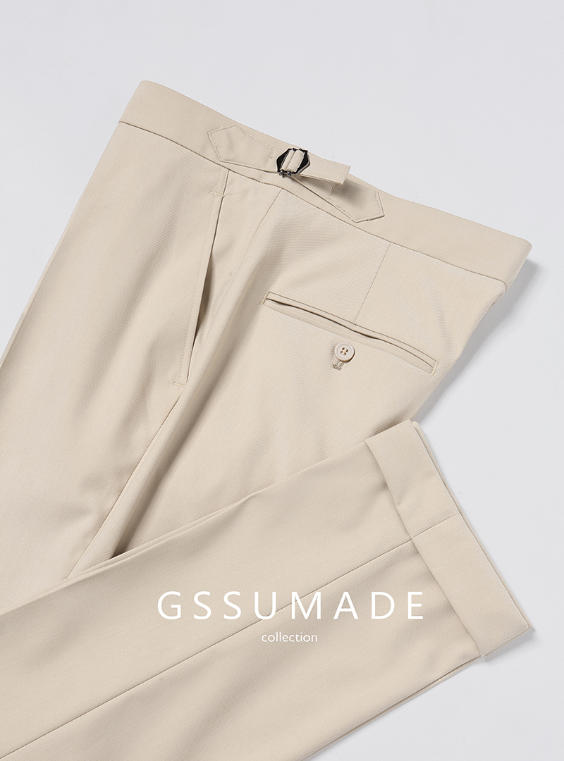 自制米色欧美街拍巴黎扣高腰西裤