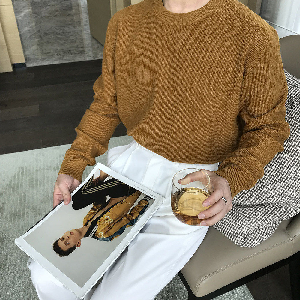 Caramel 姜黄针织时尚毛衣秋冬Chic羊毛纯色圆领打底套冬季韩版男