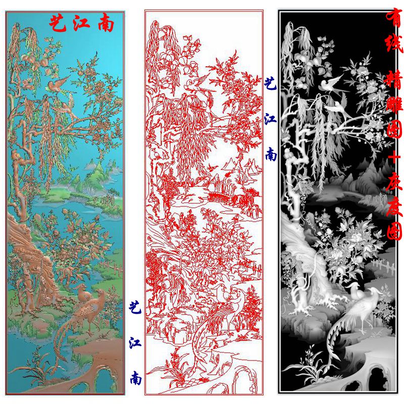 1575牡丹花鸟锦绣前程花板屏风浮雕精雕JDP灰度BMP格式木雕石雕图