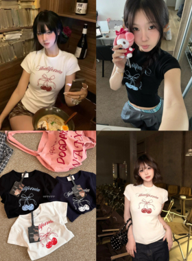 lirose@chency原 巨显瘦修身收腰圆领正肩樱桃蝴蝶结短袖T恤