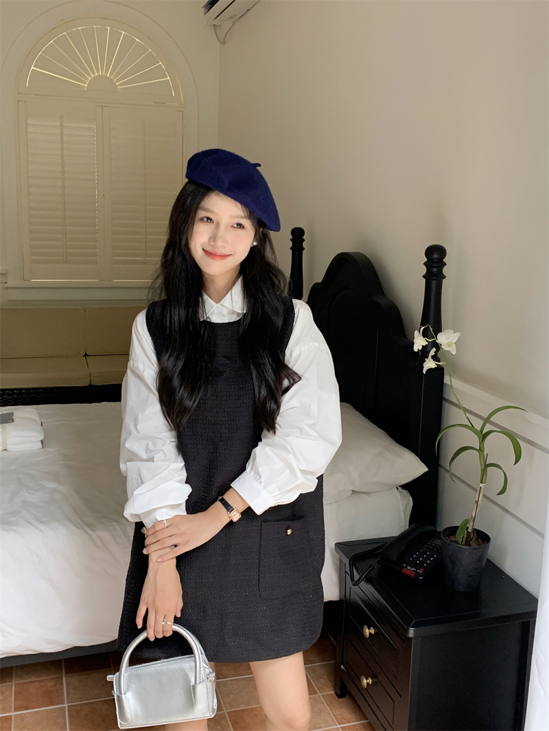 法式小香风设计背心连衣裙娃娃领