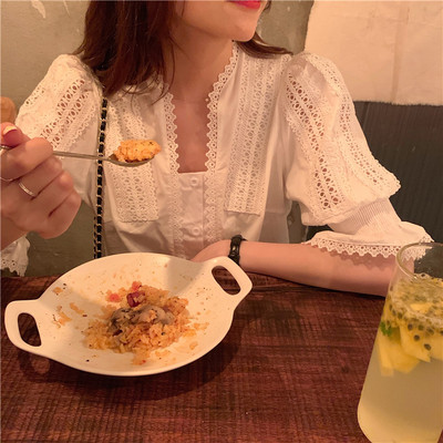 韩国法式蕾丝镂空荷叶短袖衬衫