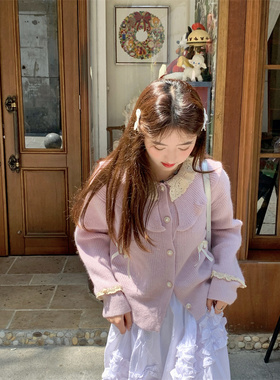 甜美蕾丝娃娃领针织毛衣开衫女秋季2023新款浅紫色蝴蝶结宽松上衣