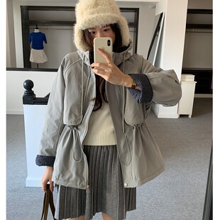 lirose韩系撞色加厚连帽棉服外套女冬季保暖派克工装大衣541135