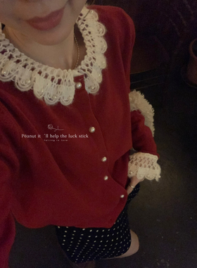 peanut花生家-圣诞精灵红彤彤炙热女孩拼接毛织花边保暖毛衣1279