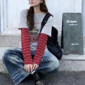 lirose卡通盒子米老鼠毛巾绒假两件打底衫 百搭显瘦条纹长袖 T恤女