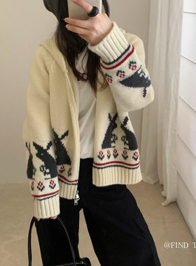 Find Time-新韩代爆款可爱兔子费尔岛连帽拉链开衫保暖毛衣L61050