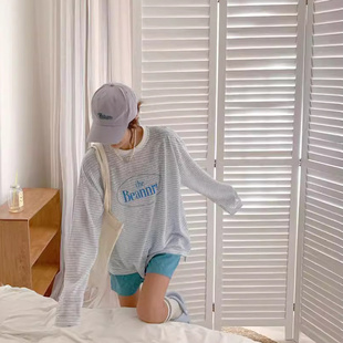 套头圆领条纹T恤女 barnnet八奶字母休闲宽松长袖 防晒衫 上衣the